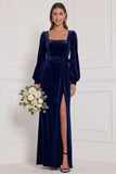 Dark Green Velvet Square Neck Long Sleeve Bridesmaid Dress with Bow