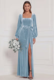Dark Green Velvet Square Neck Long Sleeve Bridesmaid Dress with Bow