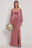 Dark Green Velvet Square Neck Long Sleeve Bridesmaid Dress with Bow