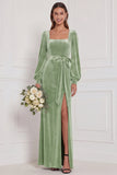 Dark Green Velvet Square Neck Long Sleeve Bridesmaid Dress with Bow