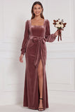 Dark Green Velvet Square Neck Long Sleeve Bridesmaid Dress with Bow
