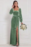 Dark Green Velvet Square Neck Long Sleeve Bridesmaid Dress with Bow