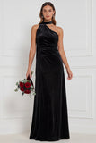 One Shoulder Velvet Eucalyptus Bridesmaid Dress with Drape