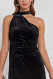 One Shoulder Velvet Eucalyptus Bridesmaid Dress with Drape