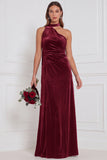 One Shoulder Velvet Eucalyptus Bridesmaid Dress with Drape