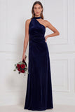 One Shoulder Velvet Eucalyptus Bridesmaid Dress with Drape