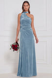 One Shoulder Velvet Eucalyptus Bridesmaid Dress with Drape