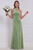 One Shoulder Velvet Eucalyptus Bridesmaid Dress with Drape