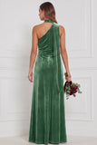 One Shoulder Velvet Eucalyptus Bridesmaid Dress with Drape