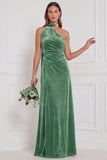 One Shoulder Velvet Eucalyptus Bridesmaid Dress with Drape
