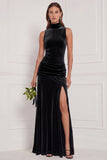 Cabernet High Neck Sheath Velvet Bridesmaid Dress with Slit