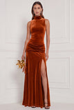 Cabernet High Neck Sheath Velvet Bridesmaid Dress with Slit