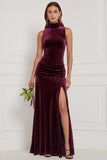 Cabernet High Neck Sheath Velvet Bridesmaid Dress with Slit