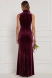 Cabernet High Neck Sheath Velvet Bridesmaid Dress with Slit