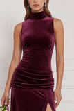 Cabernet High Neck Sheath Velvet Bridesmaid Dress with Slit