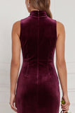 Cabernet High Neck Sheath Velvet Bridesmaid Dress with Slit