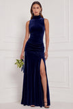 Cabernet High Neck Sheath Velvet Bridesmaid Dress with Slit