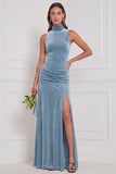 Cabernet High Neck Sheath Velvet Bridesmaid Dress with Slit