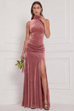 Cabernet High Neck Sheath Velvet Bridesmaid Dress with Slit