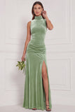 Cabernet High Neck Sheath Velvet Bridesmaid Dress with Slit