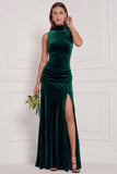 Cabernet High Neck Sheath Velvet Bridesmaid Dress with Slit