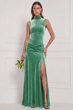 Cabernet High Neck Sheath Velvet Bridesmaid Dress with Slit