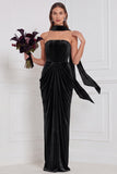 Champagne Strapless Ruched Sheath Velvet Bridesmaid Dress with Scarf