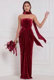 Champagne Strapless Ruched Sheath Velvet Bridesmaid Dress with Scarf