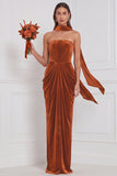 Champagne Strapless Ruched Sheath Velvet Bridesmaid Dress with Scarf