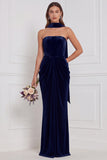 Champagne Strapless Ruched Sheath Velvet Bridesmaid Dress with Scarf