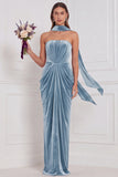 Champagne Strapless Ruched Sheath Velvet Bridesmaid Dress with Scarf