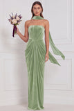 Champagne Strapless Ruched Sheath Velvet Bridesmaid Dress with Scarf