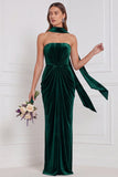 Champagne Strapless Ruched Sheath Velvet Bridesmaid Dress with Scarf