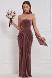 Champagne Strapless Ruched Sheath Velvet Bridesmaid Dress with Scarf