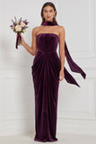 Champagne Strapless Ruched Sheath Velvet Bridesmaid Dress with Scarf
