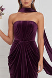 Champagne Strapless Ruched Sheath Velvet Bridesmaid Dress with Scarf