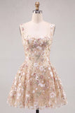 Black Sequin Flower A Line Short Homecoming Dress with Lace-up Back