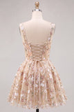 Black Sequin Flower A Line Short Homecoming Dress with Lace-up Back