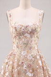 Black Sequin Flower A Line Short Homecoming Dress with Lace-up Back