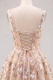 Black Sequin Flower A Line Short Homecoming Dress with Lace-up Back