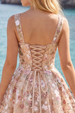 Black Sequin Flower A Line Short Homecoming Dress with Lace-up Back