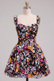 Black Sequin Flower A Line Short Homecoming Dress with Lace-up Back