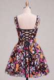 Black Sequin Flower A Line Short Homecoming Dress with Lace-up Back