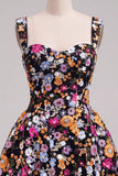 Black Sequin Flower A Line Short Homecoming Dress with Lace-up Back