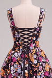Black Sequin Flower A Line Short Homecoming Dress with Lace-up Back