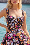 Black Sequin Flower A Line Short Homecoming Dress with Lace-up Back