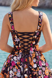 Black Sequin Flower A Line Short Homecoming Dress with Lace-up Back
