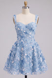 Black Sequin Flower A Line Short Homecoming Dress with Lace-up Back