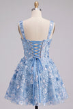 Black Sequin Flower A Line Short Homecoming Dress with Lace-up Back