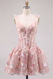 Cute Pink Corset A Line Sequin Flower Homecoming Dress